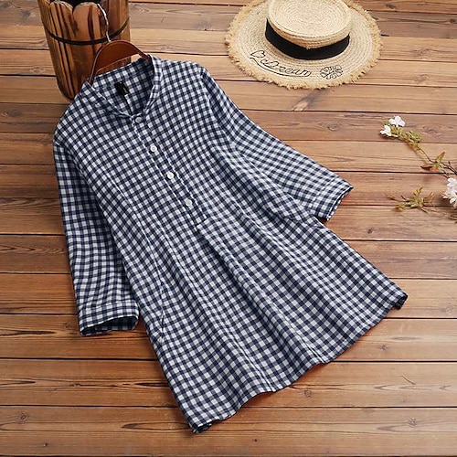 

Women's Plus Size Tops Blouse Shirt Plaid Button Print 3/4 Length Sleeve Standing Collar Basic Vintage Streetwear Daily Going out Cotton Fall Spring Black Blue