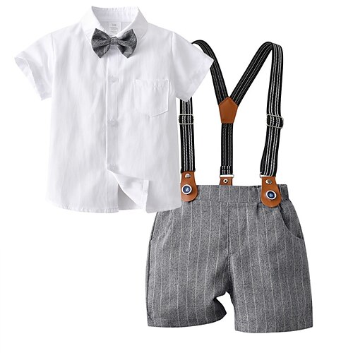 

Kids Boys Shirt Shorts Clothing Set 2 Pieces Short Sleeve Gray Stripe Bow Party Cool Gentle Regular 2-6 Years