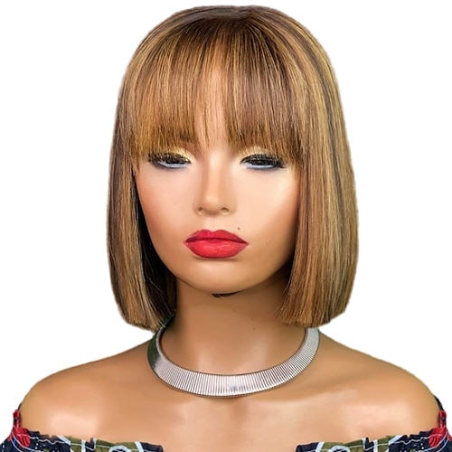 

Remy Human Hair Wig Short Straight Bob Pixie Cut With Bangs Brown Designers Natural Hairline Capless Brazilian Hair Women's All Medium Brown / Strawberry Blonde 8 inch 10 inch 12 inch Daily Wear