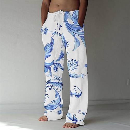 

Men's Trousers Beach Pants 3D Print Elastic Drawstring Design Front Pocket Graphic Prints Flower / Floral Comfort Soft Casual Daily Fashion Designer Blue