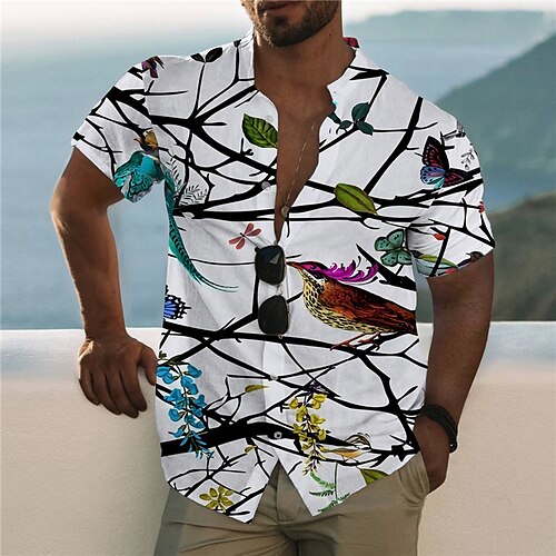 

Men's Shirt Animal Bird Stand Collar White 3D Print Outdoor Casual Short Sleeve Button-Down Print Clothing Apparel Fashion Designer Casual Comfortable / Sports