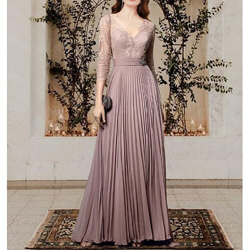 

A-Line Mother of the Bride Dress Elegant V Neck Floor Length Chiffon Lace 3/4 Length Sleeve with Pleats 2022