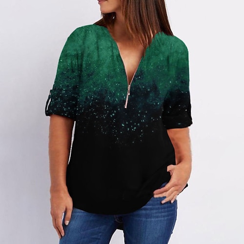 

Women's Plus Size Tops Blouse Shirt Color Gradient Zipper Print Long Sleeve V Neck Streetwear Daily Going out Polyester Fall Winter Green Blue