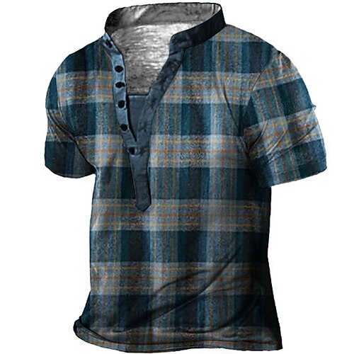 

Men's Henley Shirt Tee T shirt Tee 3D Print Graphic Patterned Lattice Tartan Plus Size Stand Collar Daily Sports Button-Down Print Short Sleeve Tops Designer Basic Casual Big and Tall Blue / Summer