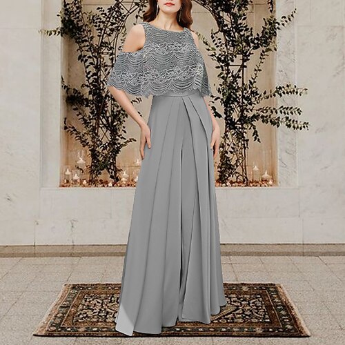 

Jumpsuits Mother of the Bride Dress Plus Size Elegant Jewel Neck Floor Length Chiffon Lace Sleeveless with Pleats Solid Color 2022