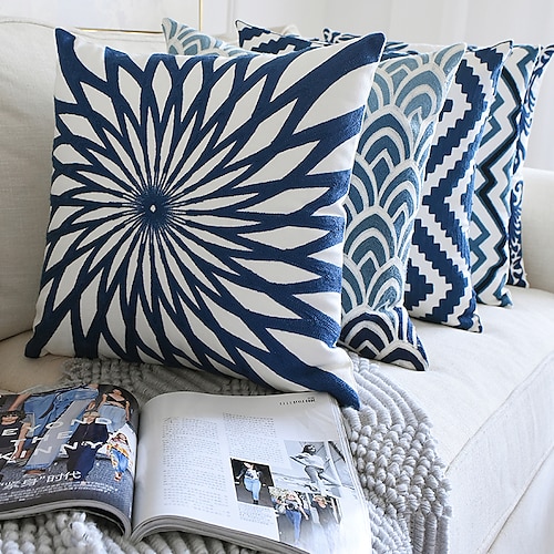 

1 pcs Blue Embroidered Polyester Pillow Cover Geometric Modern Square Seamed Traditional Classic