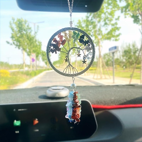 

Tree of Life Dream Catcher Car Hanging Handmade Gift with Colorful Crystal Stone Wall Hanging Car Decor Hook Flower Wind Chimes Boho Style Home Pendant 825cm