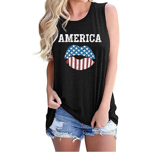 

Women's Independence Day Tank Top Heart Sleeveless Print Round Neck Casual Tops White Black Gray S