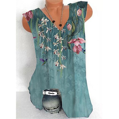 

Women's Plus Size Curve Tops Tank Top Floral Zipper Print Sleeveless V Neck Streetwear Daily Holiday Cotton Spandex Jersey Spring Summer Green