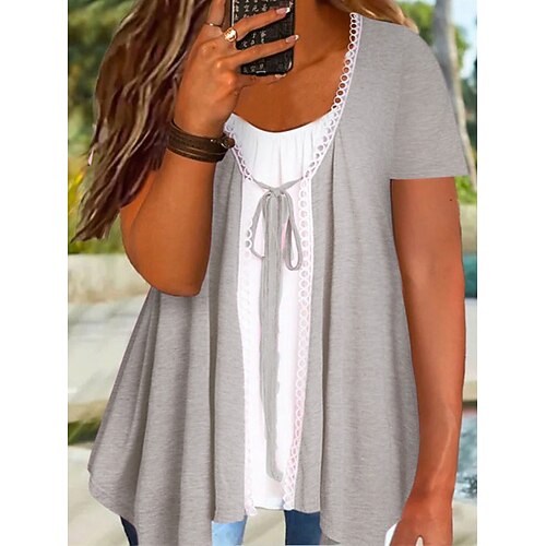 

Women's Plus Size Curve Tops Blouse Shirt Color Block Lace up Fake two piece Short Sleeve Round Neck Streetwear Daily Going out Polyester Spring Summer Gray Pink
