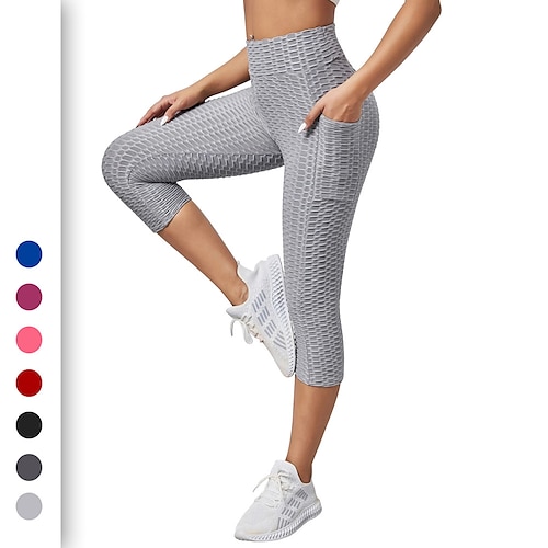 

Women's Jacquard Capri Leggings High Waist Yoga Pants Side Pockets Bottoms Tummy Control Butt Lift Black Rosy Pink Fuchsia Yoga Fitness Gym Workout Sports Activewear High Elasticity