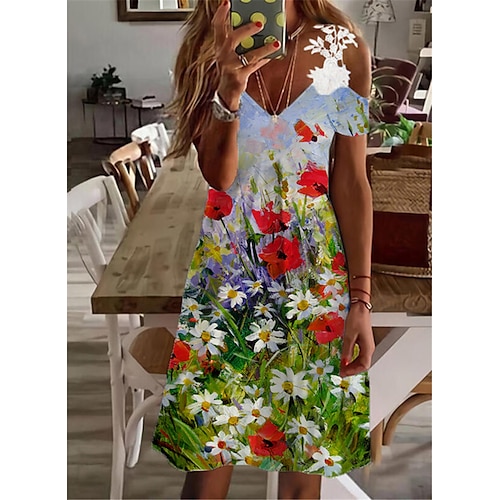 

Women's Casual Dress Blue Short Sleeve Floral Lace Spring Summer V Neck 2022 S M L XL XXL 3XL