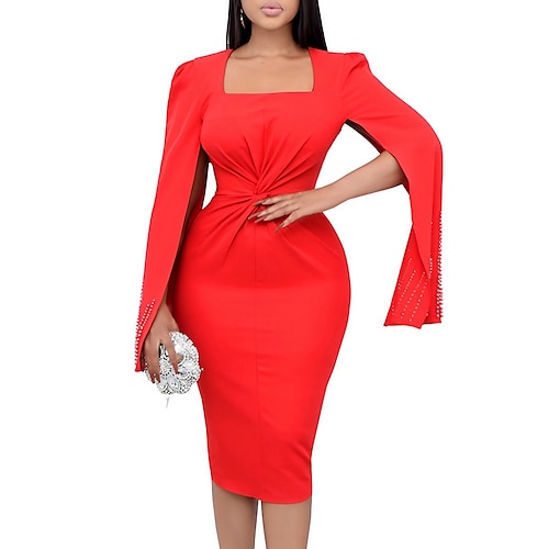 

Mujer Corte Bodycon Vestido tubo vestido de la iglesia Vestido Midi Negro Blanco Rojo Manga Larga Color puro Frunce Verano Primavera Escote Cuadrado Personalizado Vestido de invierno vestido de otoño