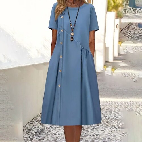 

Women's Casual Dress Linen Dress Midi Dress Light Blue Short Sleeve Pure Color Button Spring Summer Crew Neck Weekend Loose Fit 2022 S M L XL XXL 3XL