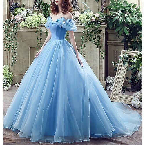 

Ball Gown Evening Dresses Floral Dress Quinceanera Court Train Short Sleeve Off Shoulder Satin with Appliques Pure Color 2022 / Prom