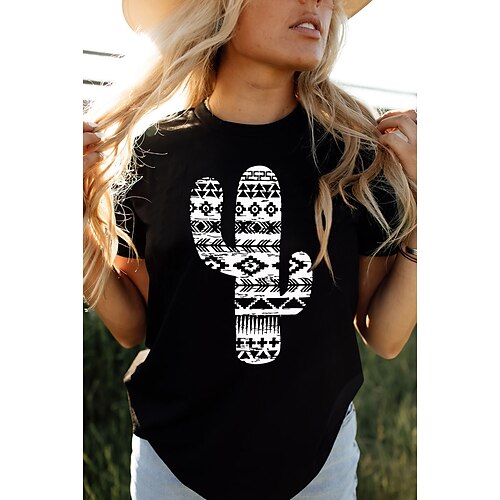 

Women's Casual Weekend T shirt Tee Flower Short Sleeve Print Round Neck Basic Tops Black S