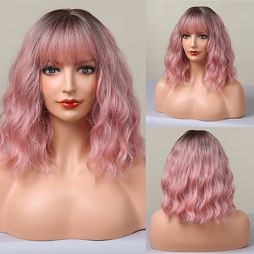 

HAIRCUBE Ombre Pink Short BOB Hair Brown Auburn Black Cosplay Water Wavy Wigs With Bangs for African American Women