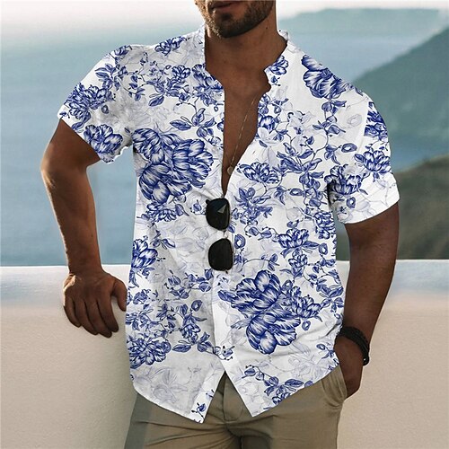 

Men's Shirt 3D Print Floral Stand Collar Casual Daily Button-Down Print Short Sleeve Tops Designer Casual Fashion Comfortable Blue