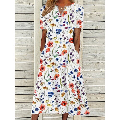 

Women's Casual Dress Midi Dress White Short Sleeve Floral Pocket Spring Summer V Neck 2022 S M L XL XXL 3XL