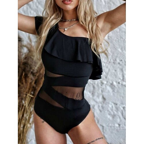 

Women's Swimwear One Piece Monokini Bathing Suits Normal Swimsuit Backless Tummy Control Ruffle Mesh Pure Color Black Bathing Suits New Vacation Holiday / Modern / Cute / Spa
