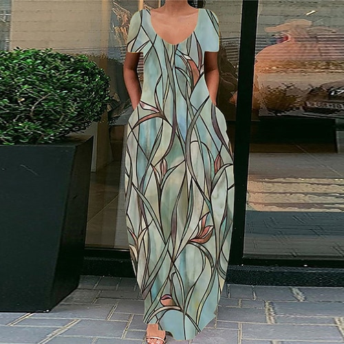 

Women's Shift Dress Maxi long Dress Green Short Sleeve Print Pocket Print Spring Summer V Neck Elegant Casual Vacation 2022 S M L XL XXL 3XL