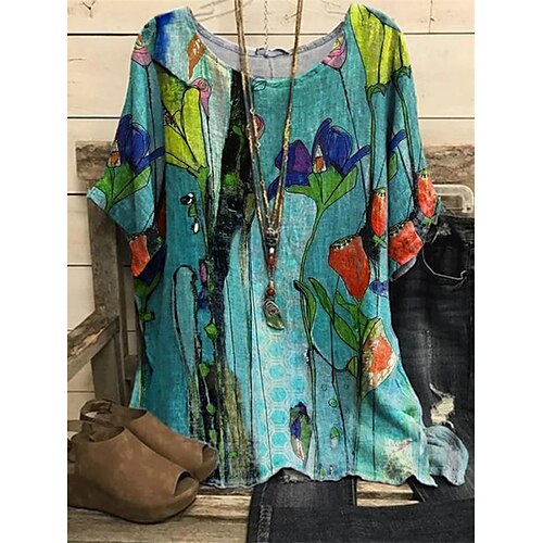 

Mulheres Camiseta Verde Floral Imprimir Manga Curta Casual Diário Básico Decote Redondo Padrão Ajuste Largo Tema Flores S