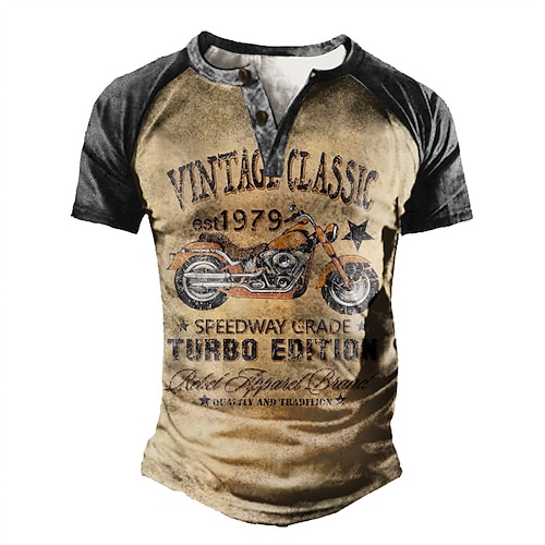 

Men's T shirt Tee Henley Shirt Tee Graphic Motorcycle Henley Brown 3D Print Plus Size Outdoor Daily Short Sleeve Patchwork Button-Down Clothing Apparel Basic Designer Casual Classic / Summer / Summer
