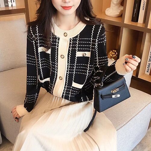 

Women's Cardigan Sweater Jumper Knit Button Pocket Plaid Crew Neck Stylish Elegant Outdoor Work Spring Summer Red Black One-Size / Long Sleeve / Striped / Regular Fit / Going out