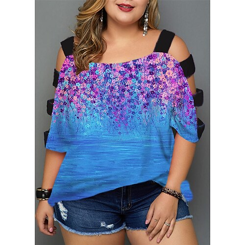 

Women's Plus Size Tops Blouse Shirt Floral Cut Out Print Half Sleeve V Neck Streetwear Daily Back to School Polyester Spring Summer Blue Yellow