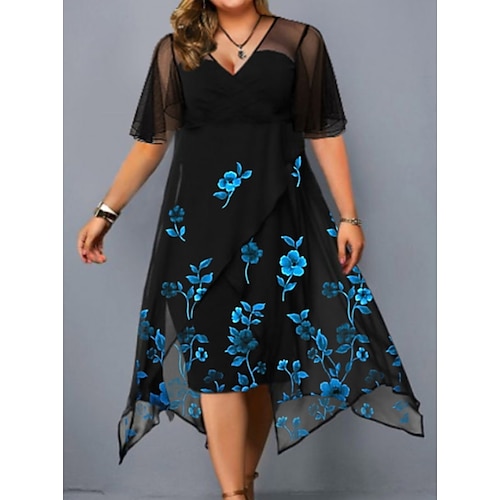 

Women's Plus Size Holiday Dress Floral V Neck Ruched Half Sleeve Fall Spring Work Casual Midi Dress Daily Back to School Dress / Slim / Print