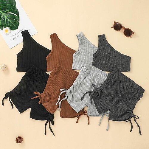 

2 Pièces Débardeur Short Ensemble de Vêtements Tenues Enfants Fille Couleur unie Sans Manches Cordon Coton Set Extérieur Le style mignon Doux Printemps Eté 3-10 ans Noir Gris Foncé Marron