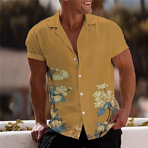 

Men's Shirt Floral Turndown Yellow 3D Print Outdoor Street Short Sleeve Button-Down Print Clothing Apparel Fashion Designer Casual Breathable / Summer / Spring / Summer