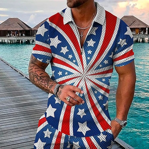 

Men's Collar Polo Shirt Golf Shirt Star Turndown Blue 3D Print Street Daily Short Sleeve Zipper 3D Clothing Apparel Fashion Casual Comfortable / Beach