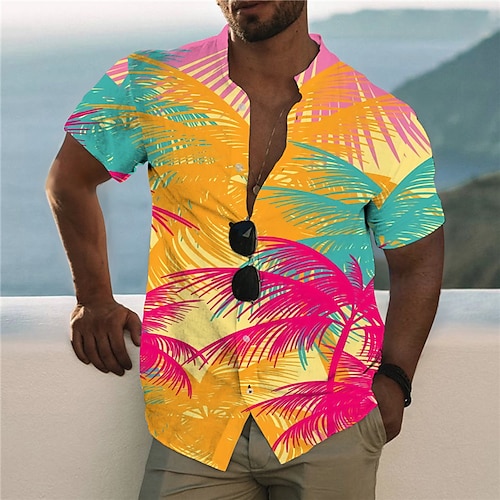 

Men's Shirt Summer Hawaiian Shirt Graphic Shirt Aloha Shirt Coconut Tree Stand Collar Yellow 3D Print Outdoor Casual Short Sleeve Button-Down Print Clothing Apparel Fashion Designer Casual Hawaiian