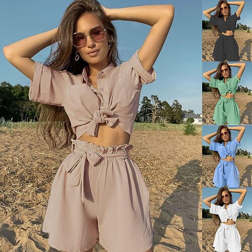 

european and american new 2021 foreign trade women's solid color single-breasted short-sleeved shirt straps fashion casual beach two-piece suit