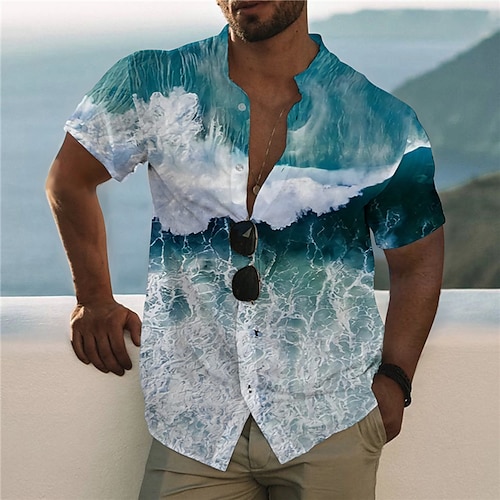 

Men's Shirt Graphic Shirt Aloha Shirt Graphic Prints Stand Collar Blue 3D Print Outdoor Casual Short Sleeve Button-Down Print Clothing Apparel Fashion Designer Casual Comfortable