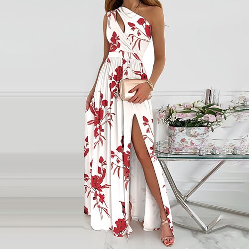 

Robe de soirée de bal pour femmes robe longue robe maxi rouge beige blanc sans manches floral fendu printemps été une épaule fête 2022 s m l xl xxl