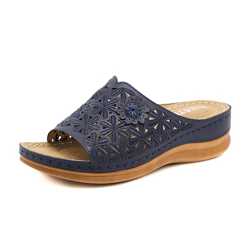 

Women's Mules Comfort Shoes Flower Wedge Heel Round Toe Open Toe Elegant Casual Daily Office Walking Shoes PU Leather Loafer Spring Summer Solid Colored Khaki Burgundy Blue
