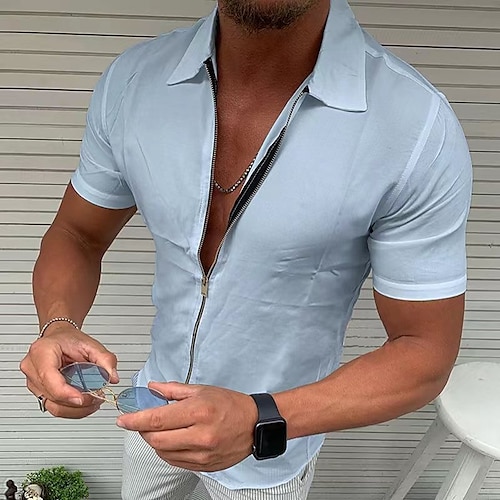 

Men's Casual Shirt Other s Lattice Zipper Patchwork Short Sleeve Casual Tops Business Simple Fashion Classic Blue Black Beige