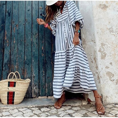 

Women's A Line Dress Maxi long Dress White Long Sleeve Striped Ruched Print Spring Summer V Neck Vacation Modern 2022 S M L XL XXL 3XL