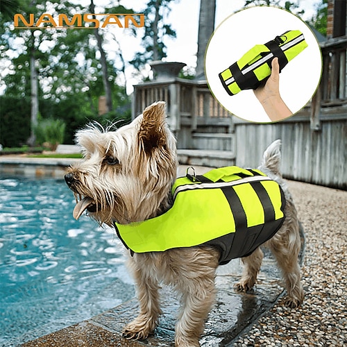 

Dog Life Jackets, Reflective & Adjustable Preserver Vest with Enhanced Buoyancy & Rescue Handle for Swimming