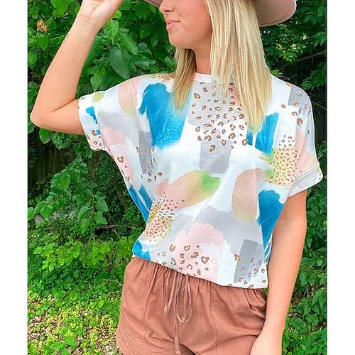 

Women's Tie Dye Leopard Casual Weekend Painting T shirt Tee Short Sleeve Print Round Neck Basic Essential Tops White S / 3D Print