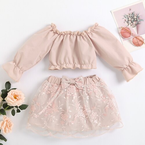 

2 Pieces Kids Girls' SkirtSet Clothing Set Outfit Floral Long Sleeve Lace Cotton Set Outdoor Active Sweet Spring Summer 2-6 Years Pink