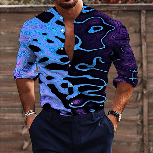 

Men's Shirt Graphic Shirt Gradient Stand Collar Blue 3D Print Outdoor Street Long Sleeve Button-Down Print Clothing Apparel Fashion Designer Casual Breathable / Summer / Spring / Summer