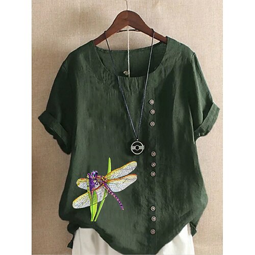 

Women's Graphic Patterned Daily Holiday Weekend Shirt Short Sleeve Button Print Round Neck Tops Loose Green White Blue S
