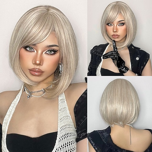 

HAIRCUBE BOB Wigs Brown White Wave Wigs With Bangs Auburn Blonde Synthetic Wigs for White Women