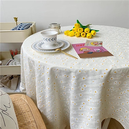 

Round White Tablecloth Art Nordic Bamboo Knotted Linen Tablecloth Tea Coffee Table for Dining Table Home Room Decoration