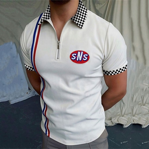 

Men's Collar Polo Shirt Golf Shirt Striped Text Turndown White Street Casual Short Sleeve Zipper 3D Clothing Apparel Fashion Casual Comfortable / Beach