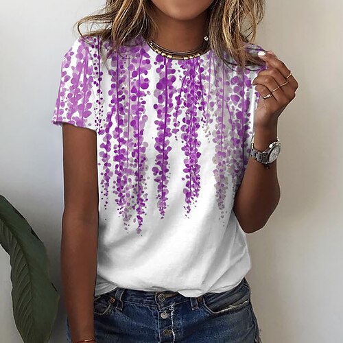

Women's T shirt Tee Green Blue Pink Floral Print Short Sleeve Casual Weekend Basic Round Neck Regular Floral Painting S