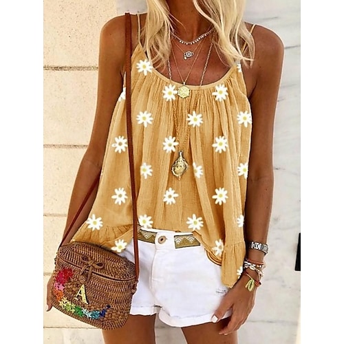 

cross-border foreign trade 2022 spring and summer new european and american fashion daisy print loose pleated camisole top women